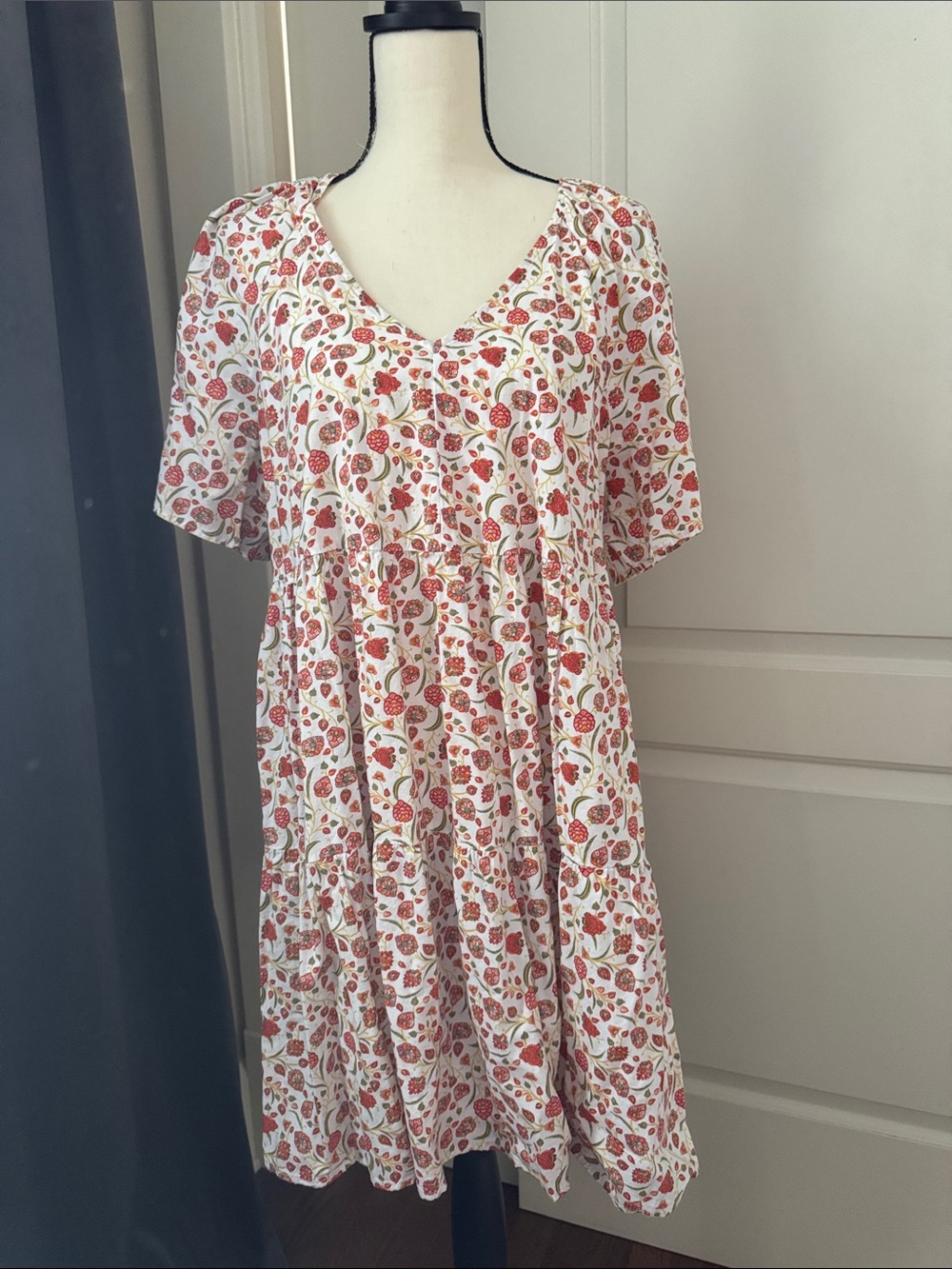Old Navy White Midi Dress with Red & Green Floral Print